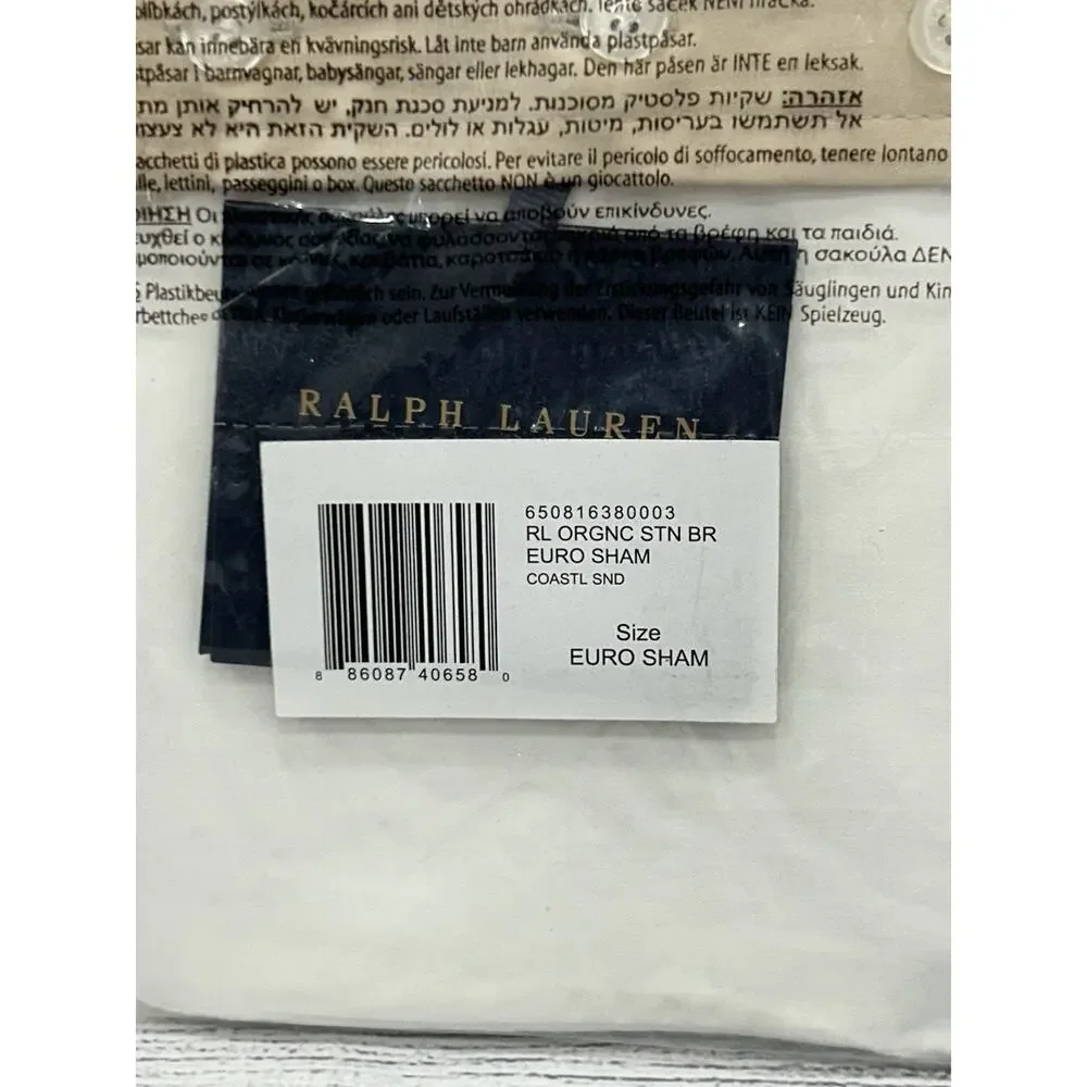 RALPH LAUREN Organic Cotton Sateen Border‎ Euro Sham White/Coastal Sand $185